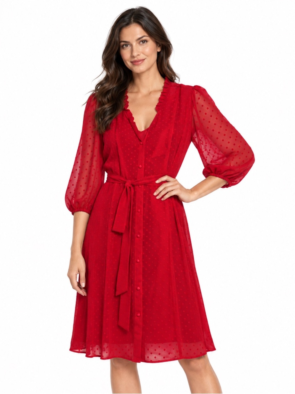 Nanette Lepore Red Swiss Dot Sheer Sleeve Belted Dress Size 6 Romantic Coquette